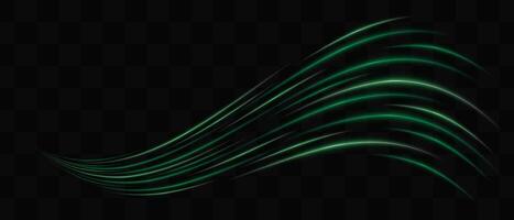 Curved green neon light effect isolated on dark background. Flowing, wavy glowing lines with abstract design. Graphical patch of reflected light. Lens flare. illustration. vector