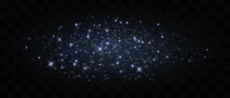 Blue, white glowing particles and sparkling stars isolated on dark background. Bright starbursts with glittering effects. Graphical patch of reflected light. Abstract magic dust. illustration. vector