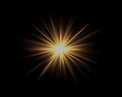 Abstract yellow star explosion. Glowing starburst effect isolated on dark background. Radiant beams with bright glowing center. Graphical patch of reflected light. Lens flare. illustration. vector