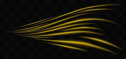Curved golden neon light effect isolated on dark background. Flowing, wavy glowing lines with abstract design. Graphical patch of reflected light. Lens flare. illustration. vector