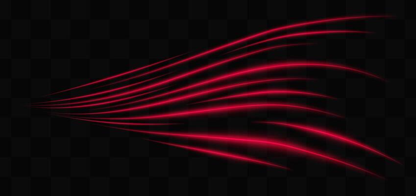 Curved red neon light effect isolated on dark background. Flowing, wavy glowing lines with abstract design. Graphical patch of reflected light. Lens flare. illustration.