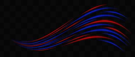 Curved red and blue neon light effect isolated on dark background. Flowing, wavy glowing lines with abstract design. Graphical patch of reflected light. Lens flare. illustration. vector