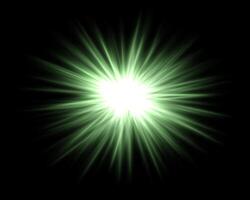 Abstract green star explosion. Glowing starburst effect isolated on dark background. Radiant beams with bright glowing center. Graphical patch of reflected light. Lens flare. illustration. vector