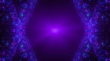 Abstract background of bright glowing blue and purple particles. Flow of particles along a trajectory. Neon frame. Background for presentation or text. seamless loop. video