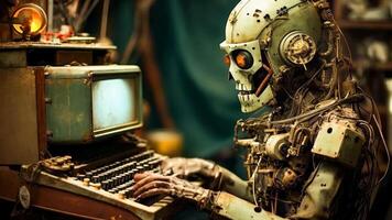 A robot sitting at a desk typing on a computer video