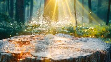 A tree stump in the middle of a forest with the sun shining through the trees video