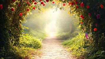 A path in the middle of a lush green forest with red roses video