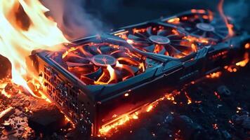 A computer graphics card on fire with flames coming out of it video