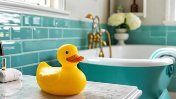A yellow rubber duck sitting on top of a bathroom counter next to a bathtub video