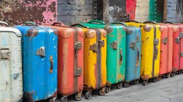 A row of colorful suitcases lined up against a wall video