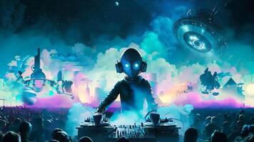 A man in a space suit playing a dj in front of a crowd of people video