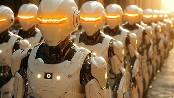A group of robots standing in a line with orange lights video