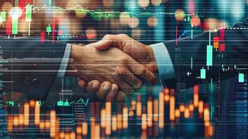 Two men shaking hands in front of a stock market chart video