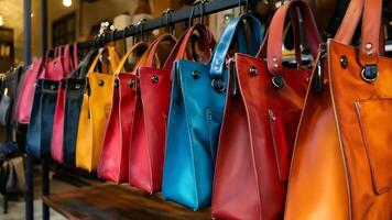 A row of colorful handbags hanging on a rack in a store video