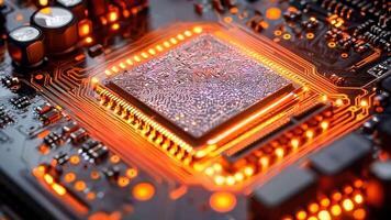 A close up of a computer motherboard with a circuit board video