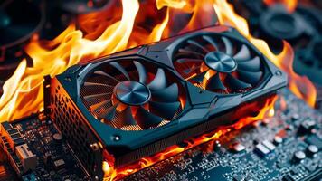 A computer motherboard with a burning graphics card on top of it video