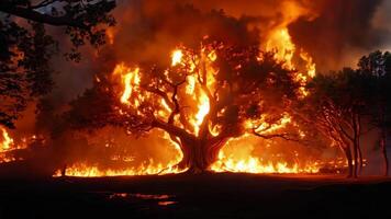 A large tree is engulfed by flames in the middle of a forest video