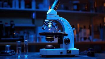 A microscope sitting on top of a table in a laboratory video