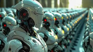 A group of robots standing in a row in a factory video