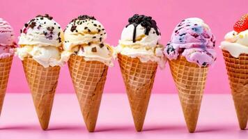 A row of ice cream cones lined up in a row on a pink background video