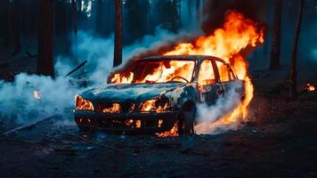 A burnt out car in the middle of a forest on fire video