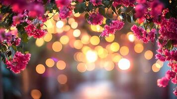 A bunch of pink flowers hanging from a tree with lights in the background video