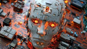 A close up of a robot head on top of a circuit board video