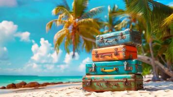 A stack of suitcases sitting on top of each other on a beach video