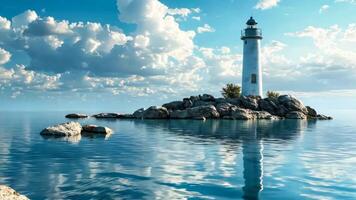 A white lighthouse sitting on top of a small island in the middle of the ocean video