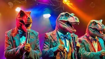 A group of three dinosaurs dressed in colorful suits singing into microphones video