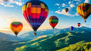 A group of hot air balloons flying over a mountain range video