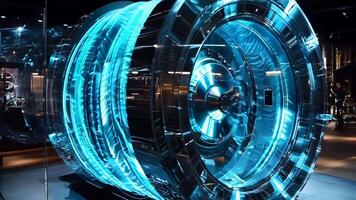 A large blue and black machine that is inside of a building video