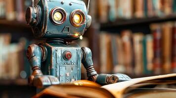 A robot sitting on top of a book in front of a bookshelf video