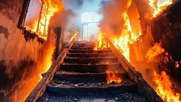 A set of stairs in a building that is engulfed in flames video