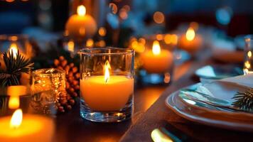 A table set for a dinner party with candles and plates video