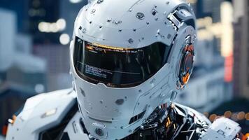 A close up of a robot with a helmet on video