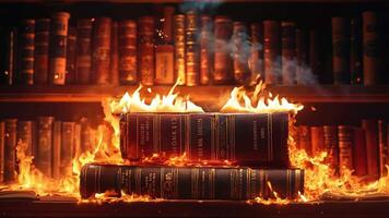 A stack of books sitting on top of a fire in front of a bookshelf video