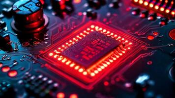 A close up of a computer motherboard with a red light on it video