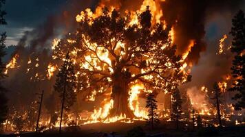 A large tree is engulfed by flames in the middle of a forest video
