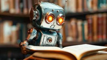 A robot sitting on top of a table next to a book video