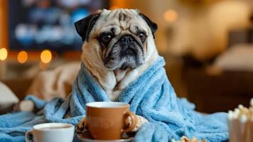 A pug dog wrapped in a blanket sitting on a couch with a cup of coffee and popcorn video