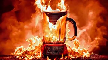 A blender on fire with a glass of liquid in it video