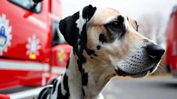 A dalmatian dog sitting in front of an ambulance video
