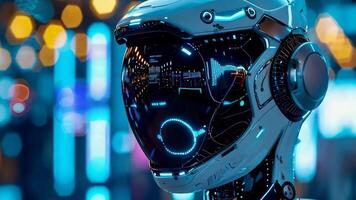 une robot avec une futuriste casque sur dans de face de une ville à nuit video