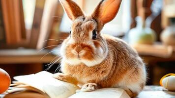 A rabbit sitting on top of an open book next to an orange video