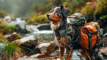 A dog with a backpack standing in front of a stream video