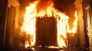 A large open door in a room with a fire coming out of it video