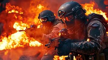A group of soldiers in camouflage with rifles in front of a fire video