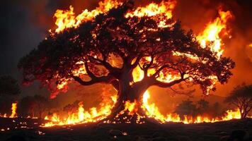 A large tree in the middle of a field of fire video