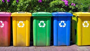 A row of colorful trash cans lined up in front of a hedge video